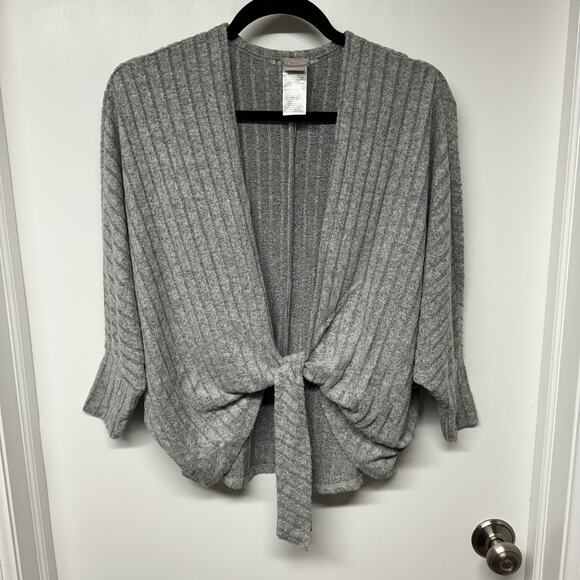 Chicos Womens Tie Front Gray Cocoon Cardigan Sweater XS OO Ribbed Mono Striped - Picture 1 of 9